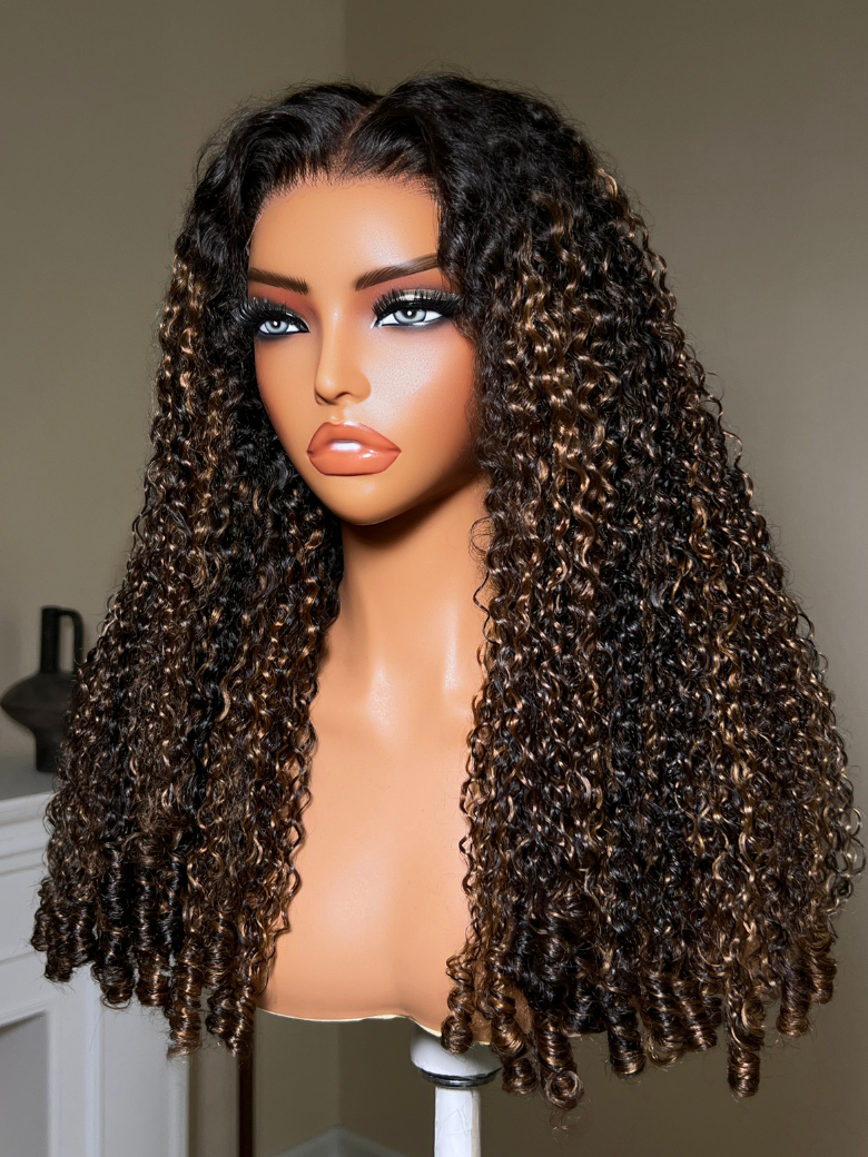 Glueless Bye-Bye Knots? 7x5 Lace Balayage Highlight Curly Wig with Defined Finger Coil Ends