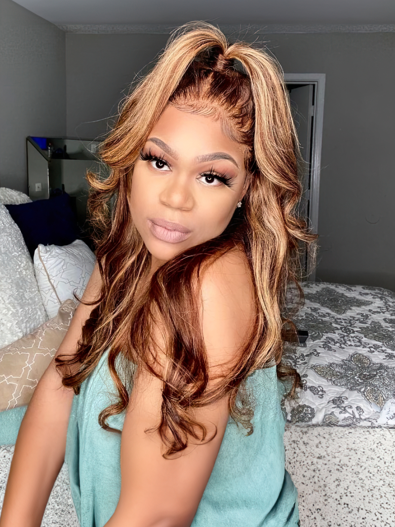 4x4 Lace Closure Honey Blonde Highlights Body Wave Wig