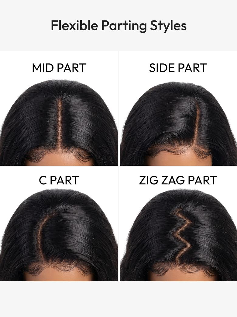 Body wave glueless lace front wig chart showing flexible parting options: mid part, side part, C part, and zig zag part.
