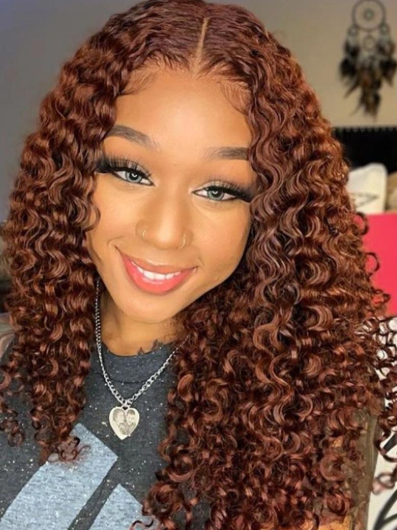 Put On And Go Pre Cut Lace 6x4.5/7x5/13x4 Closure Red Brown Curly Quick & Easy Glueless Air Wig