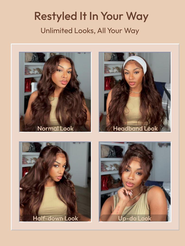 13x4 Pre-Everything? Lace Frontal Auburn Brown Loose Wave& Water Wave Wig with Invisi Drawstring & Face Framing Layers 150% Density