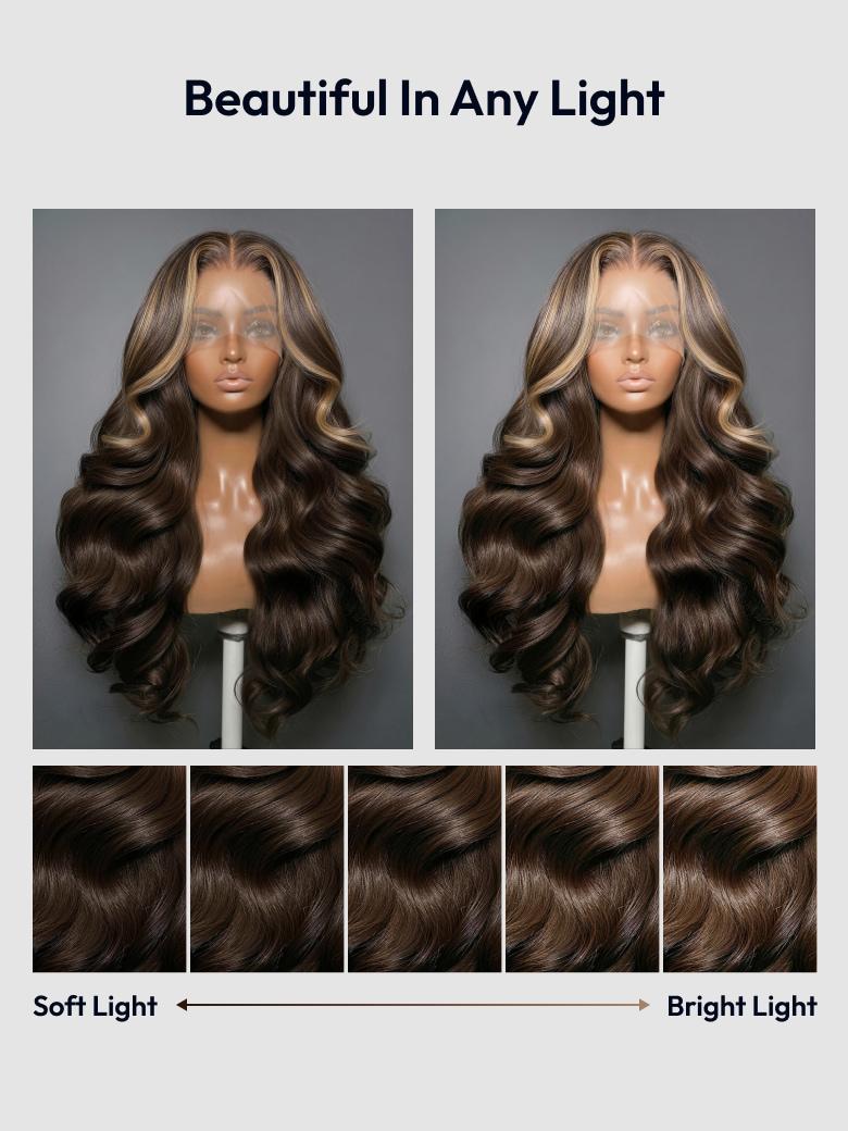 360 HD Lace Pre-plucked Luxury Raw Virgin Hair Chocolate Brown Balayage Body Wave Wig with Money Piece Highlights