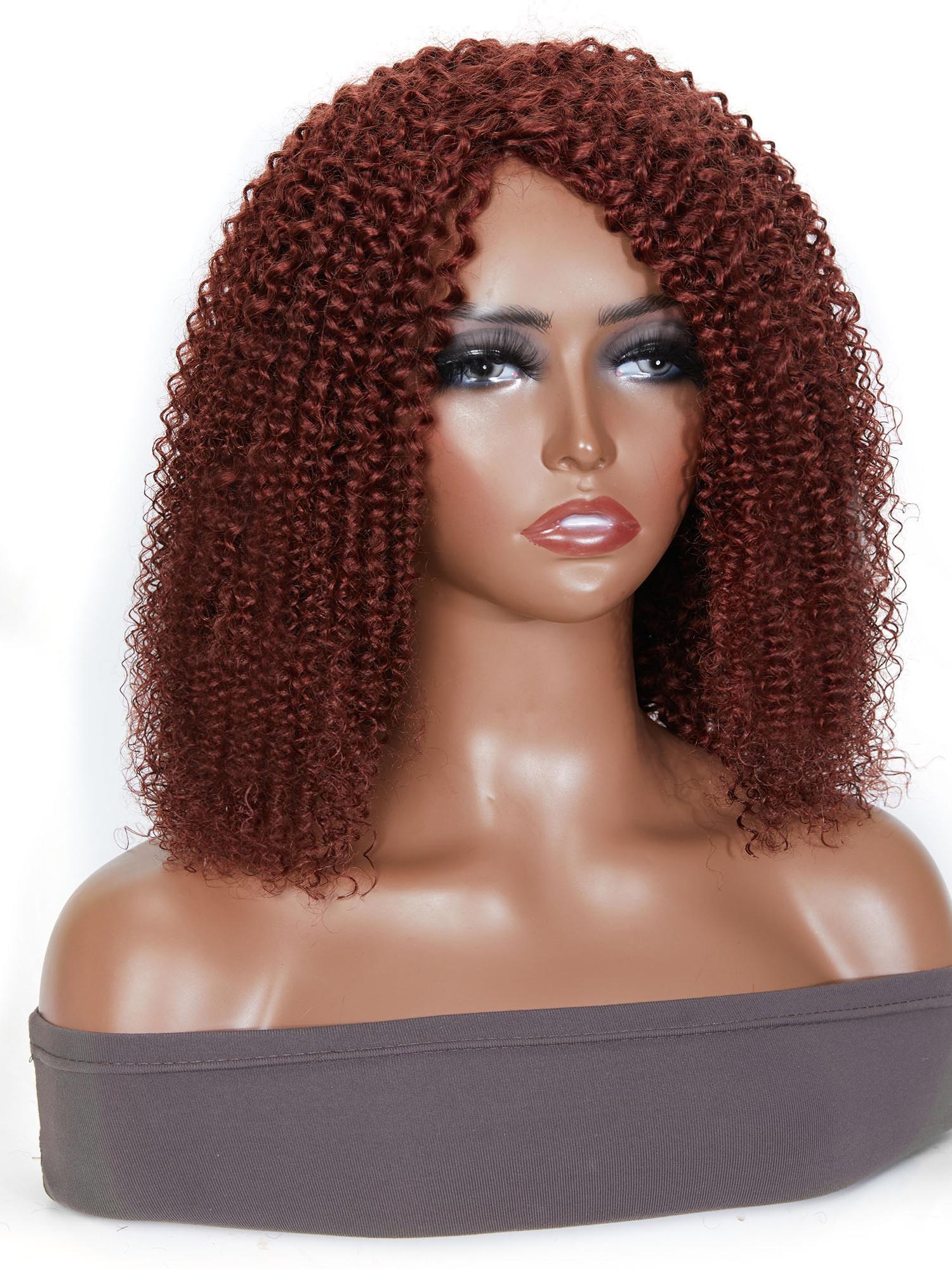 Glueless Auburn Brown Color Afro Kinky Curly 100% Human Hair Wig