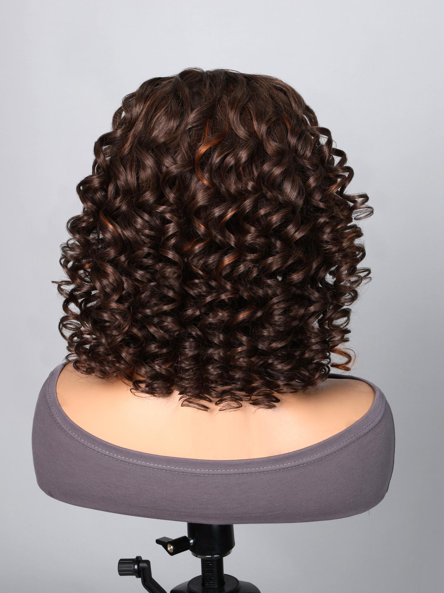 4x0.75 Lace Front Light Mocha Short Wig With Ringlets Swept Bangs And Ginger Highlights