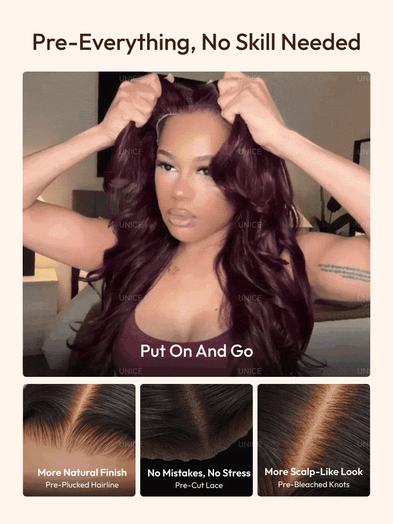 7x5 & 13x4 Bye-Bye Slip? Glueless Lace Purple Black Cherry Loose Wave & Layered Straight Wig-Pull & Go With Invisi Drawstring