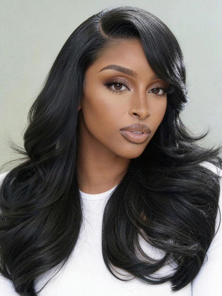 Feather Cut with Side Swept Bangs13x4 Pre-Everything? Lace Frontal Natural Black Drawstring Wig