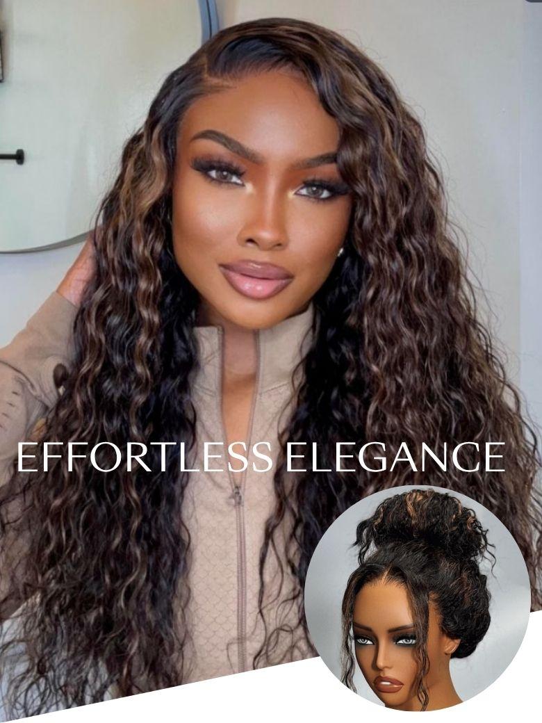 Bye-Bye Knots 7x5 Lace Water Wave Black Wig With Golden Brown Highlights