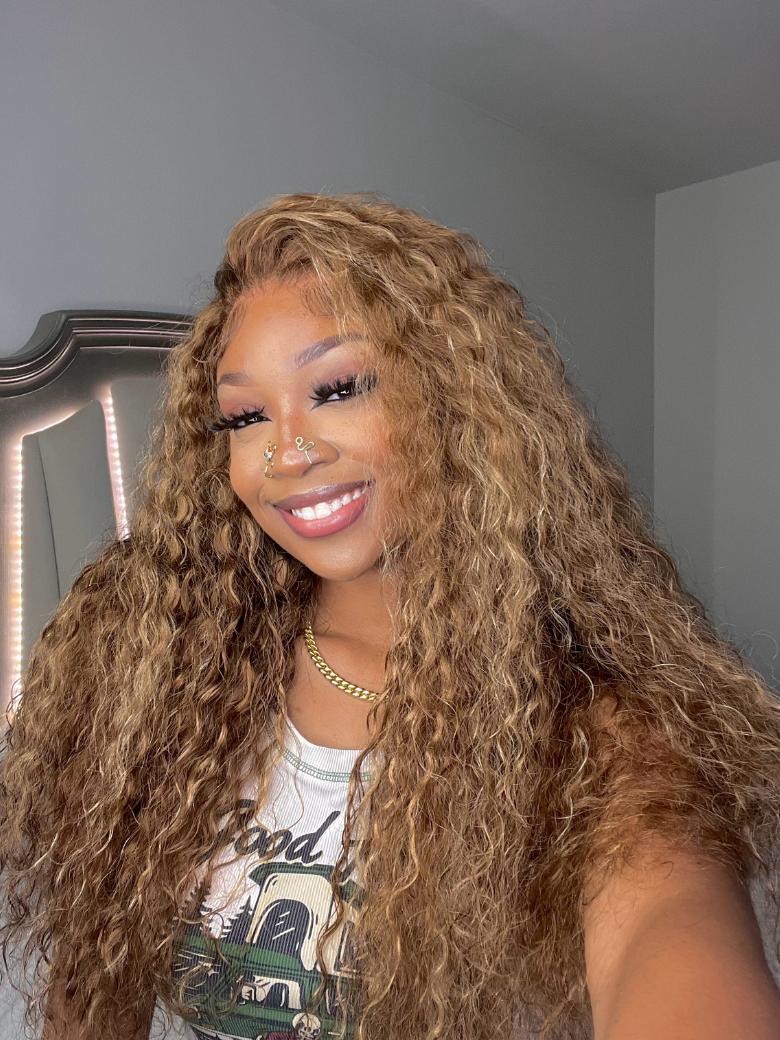 Bye-Bye Knots Wig 7x5 Glueless Lace Honey Blonde Highlights Water Wave Wig With Invisible Knots-8089