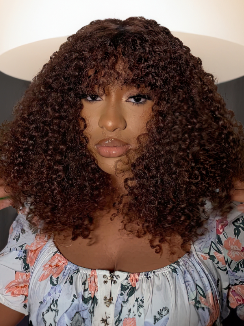 Glueless Ready To Wear Dark Auburn Short Curly Afro Wig With Bangs