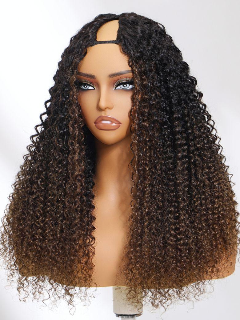 EasiContour? V Part Black to Chestnut Brown Jerry Curly Drawstring Wig