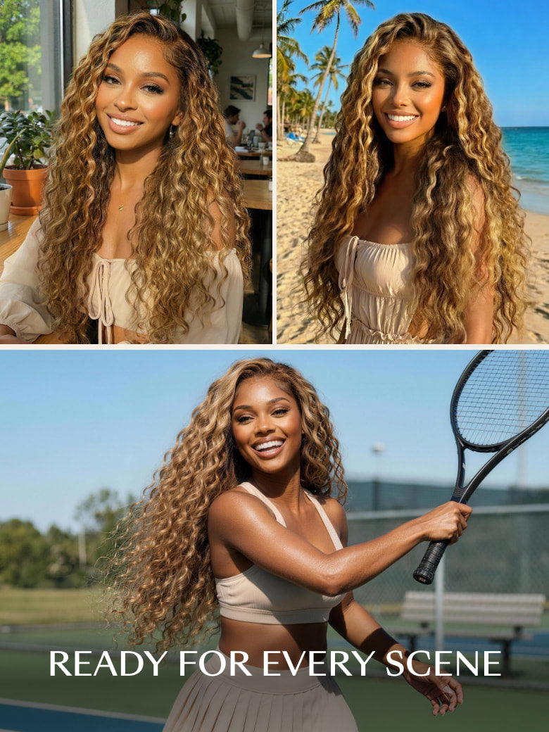 Woman wearing a honey blonde curly highlight no slip wig in various settings: dining, at the beach, and playing tennis.