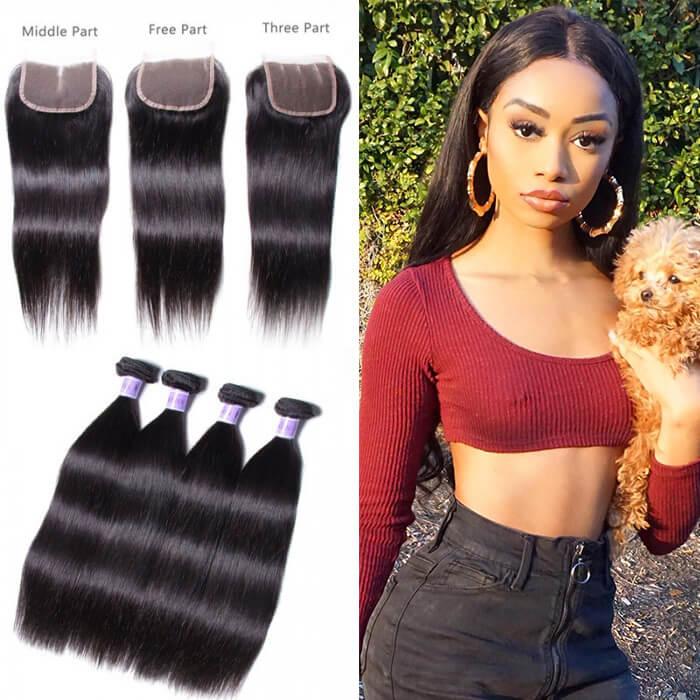 4 Bundles Brazilian Straight Virgin Hair With Closure Kysiss Series