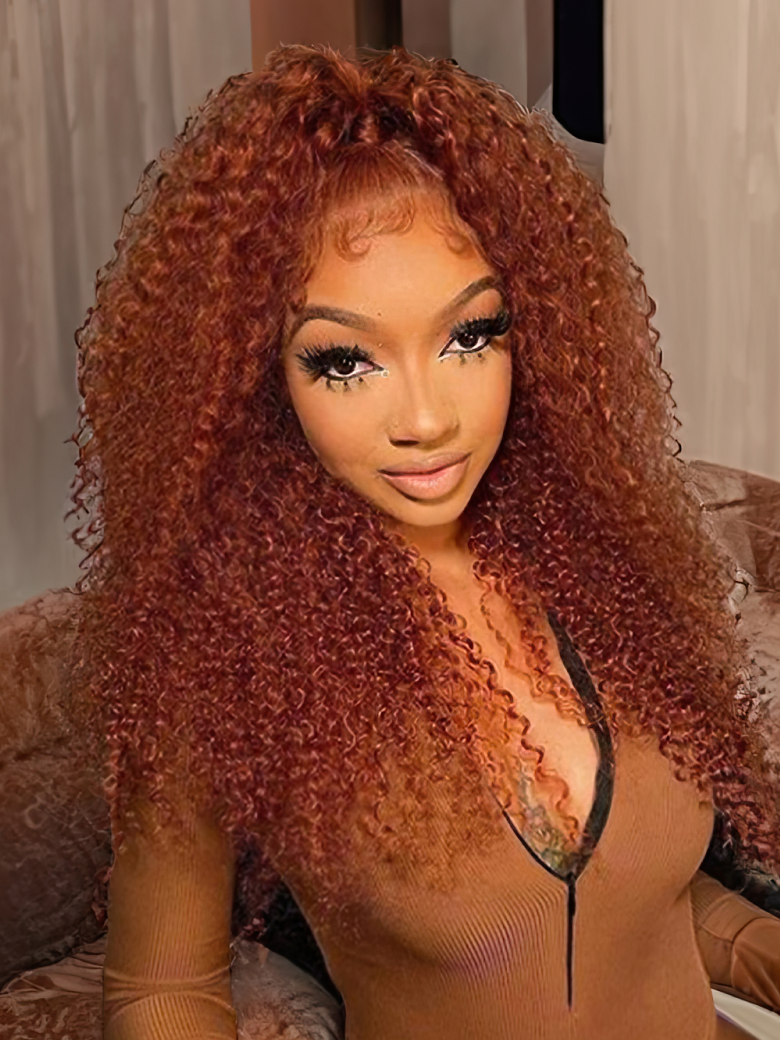 Medium Auburn Jerry Curly Human Hair Glueless Lace Wig 150% Density