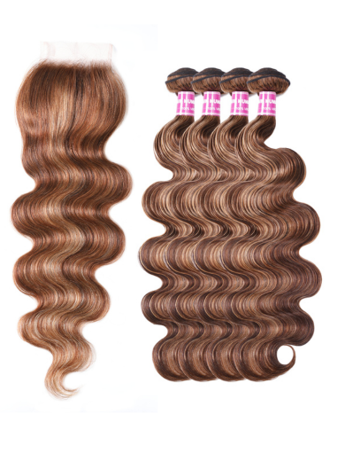 Honey Blonde Piano Highlighted Body Wave 4Pcs Bundles With Closure