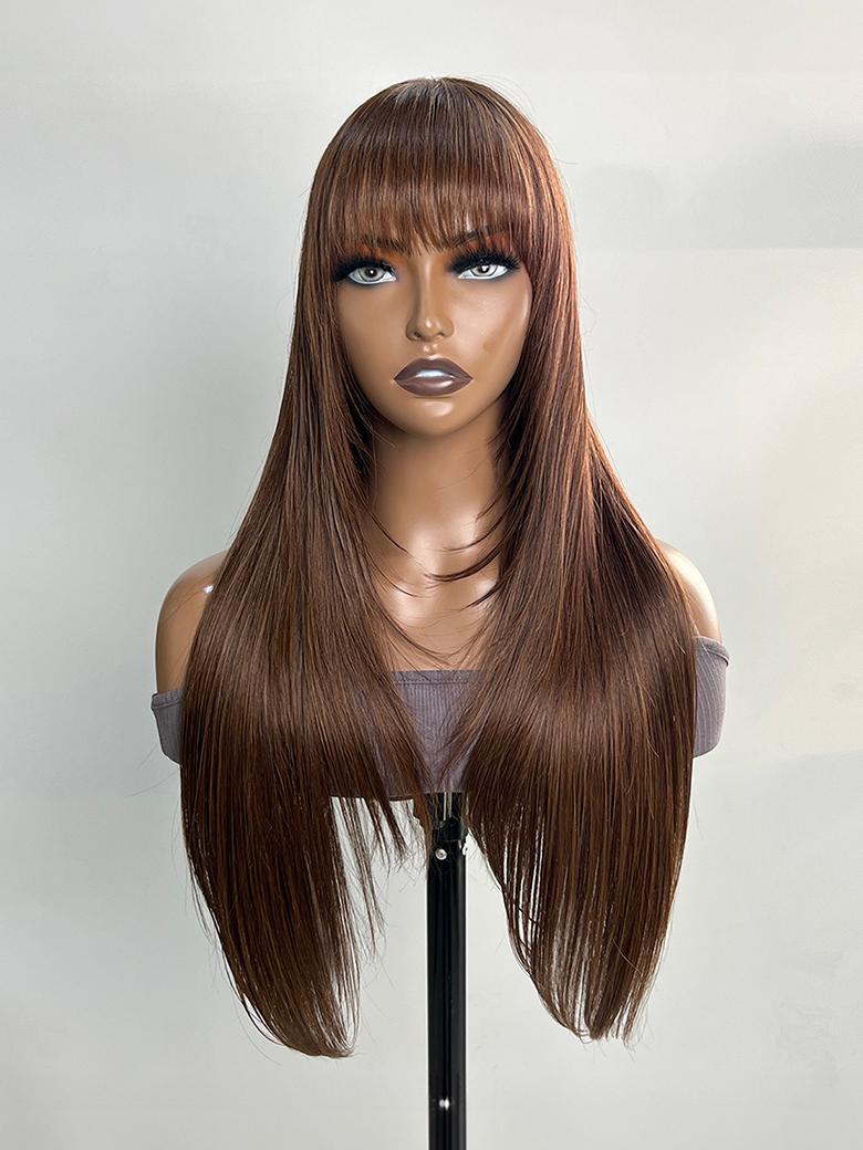 Layer Cut Mocha Medium Brown Glueless Beginner Friendly Straight Wig With Bangs