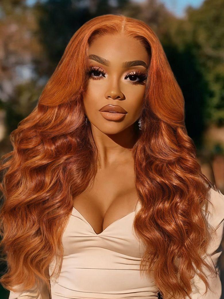 13x4 Pre-Everything? Lace Frontal Burnt Orange Ombre Body Wave Ginger Color Drawstring Glueless Wig