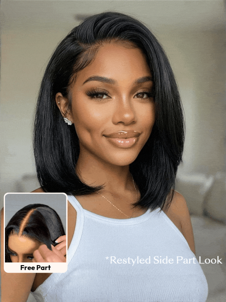 black yaki straight bob wig styled in a deep side part, featuring a realistic plucked hairline and free part area.