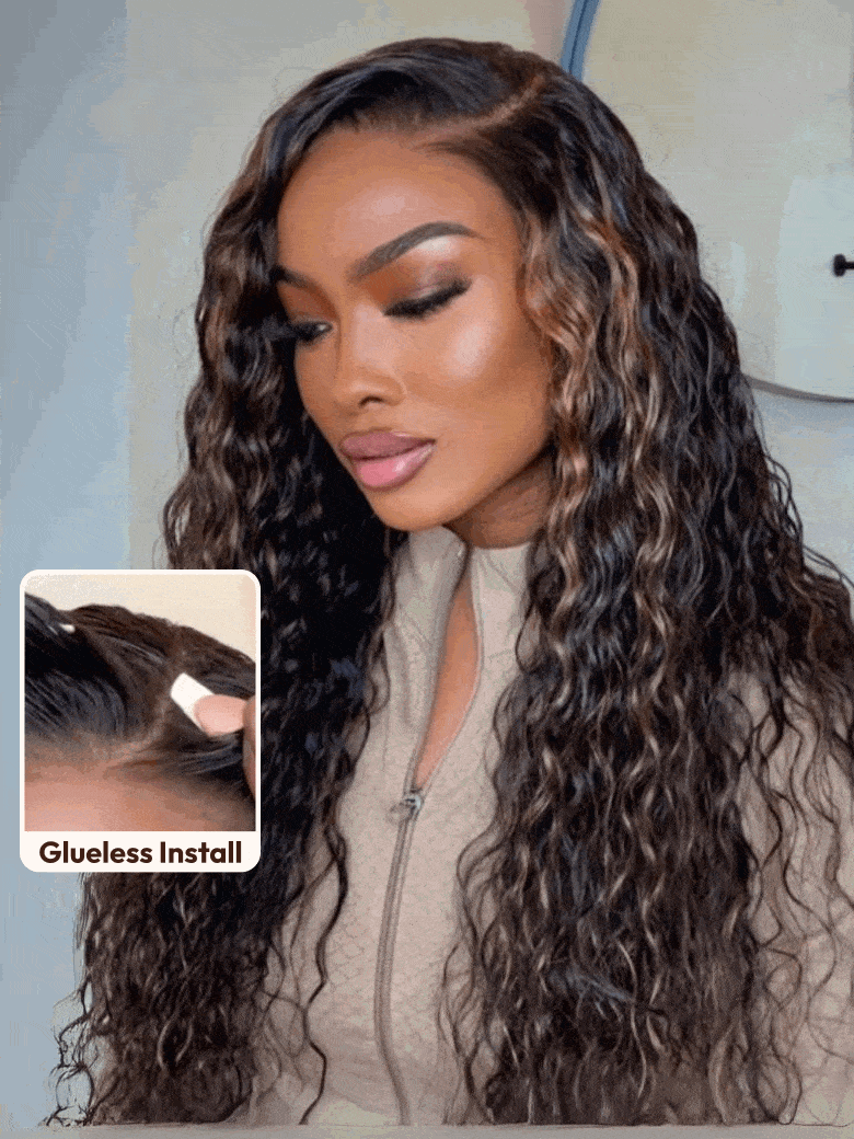 Bye-Bye Knots 7x5 Lace Water Wave Black Wig With Golden Brown Highlights