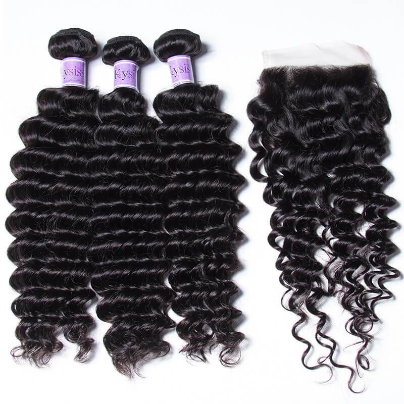 Indian Human Hair Deep Wave 3 Bundles With Closure Kysiss Series