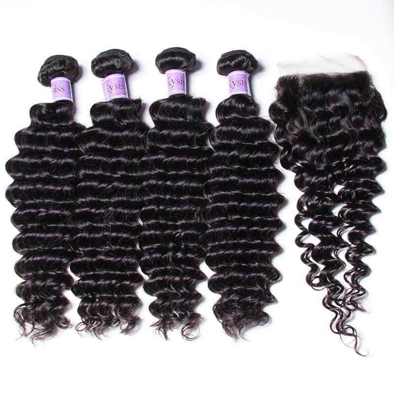 Indian Human Hair 4 Bundles Deep Wave With Closure Kysiss Series