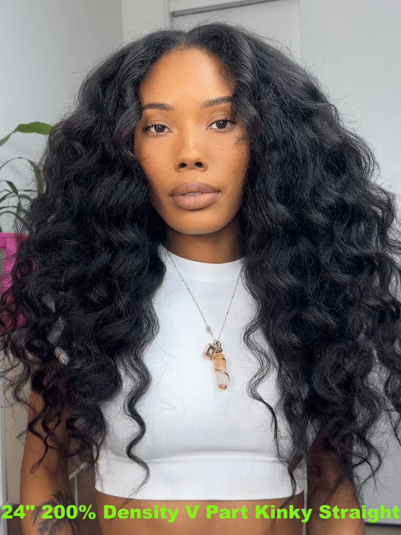 13x4 Finger Coil Wig & Beginner Friendly Kinky Straight V Part 200% Density Glueless Natural Black Wig