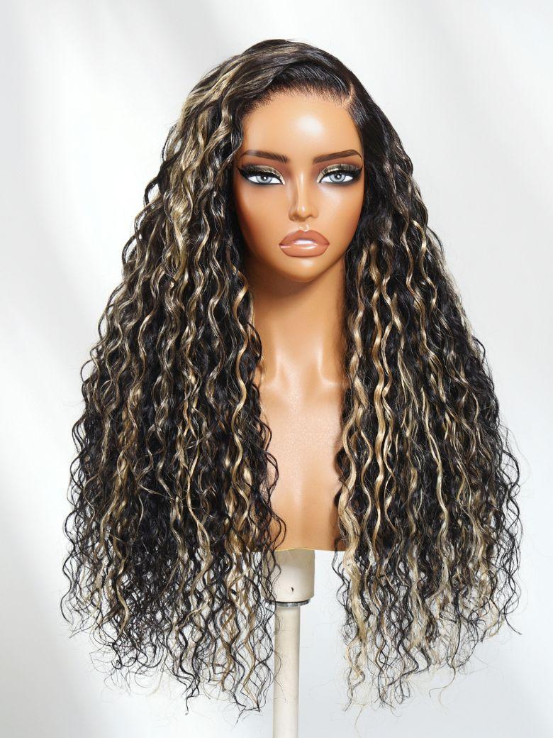 13x4 Pre-Everything? Lace Frontal Black With Light Blonde Highlights Water Wave Glueless Drawstring Wig