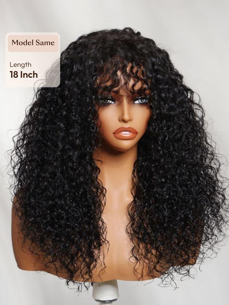 4x0.75 Lace Shaggy Natural Black Defined Curly Wig with Bangs for Beginner