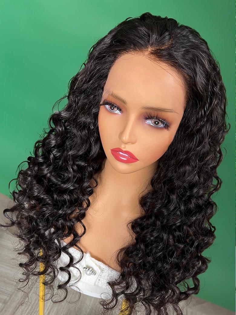 Loose Deep Wave Natural Black 13x4 Transparent Lace Front Pre Plucked Wig With Baby Hair
