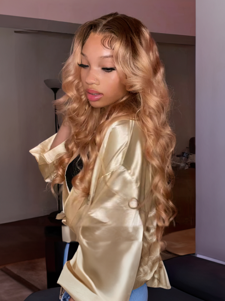 20 Inch 13x4 Lace Front Peachy Blonde Body Wave Wig With Dark Roots