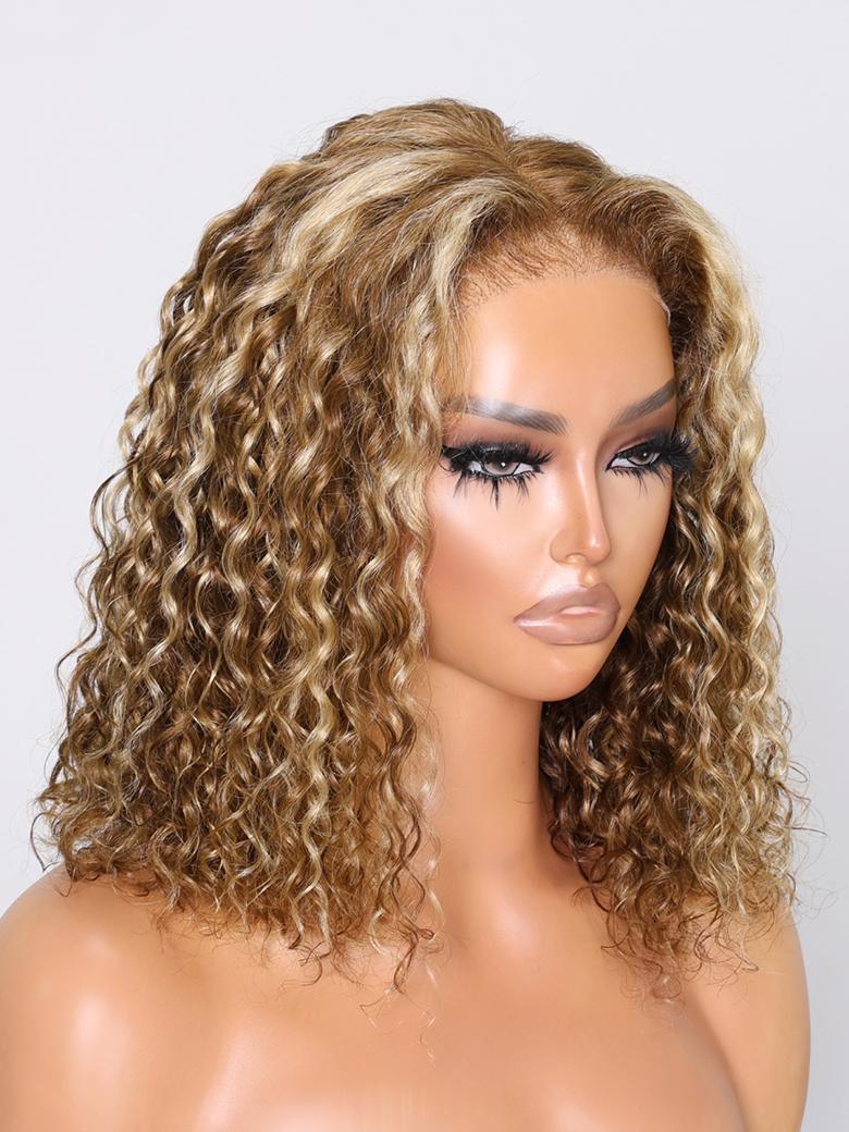 Bye Bye Knots 7x5 Pre-Cut Lace Honey Blonde Highlights Bouncy Water Wave Bob Wig