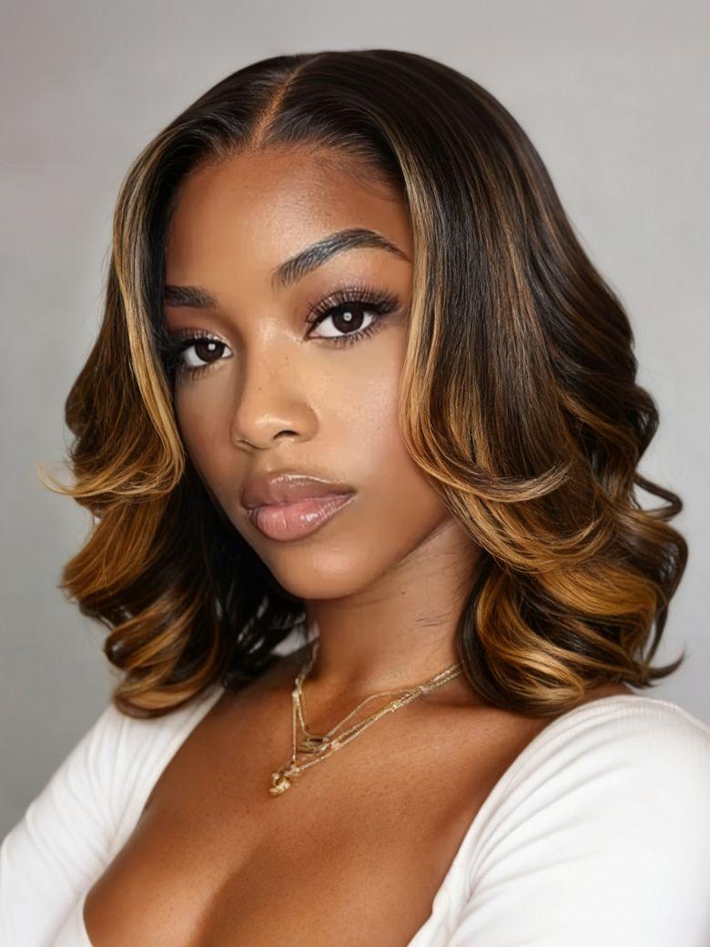 13x4 Pre-Everything? Lace Frontal Brown With Honey Blonde Face-Framing Highlights Wavy Bob Drawstring Wig