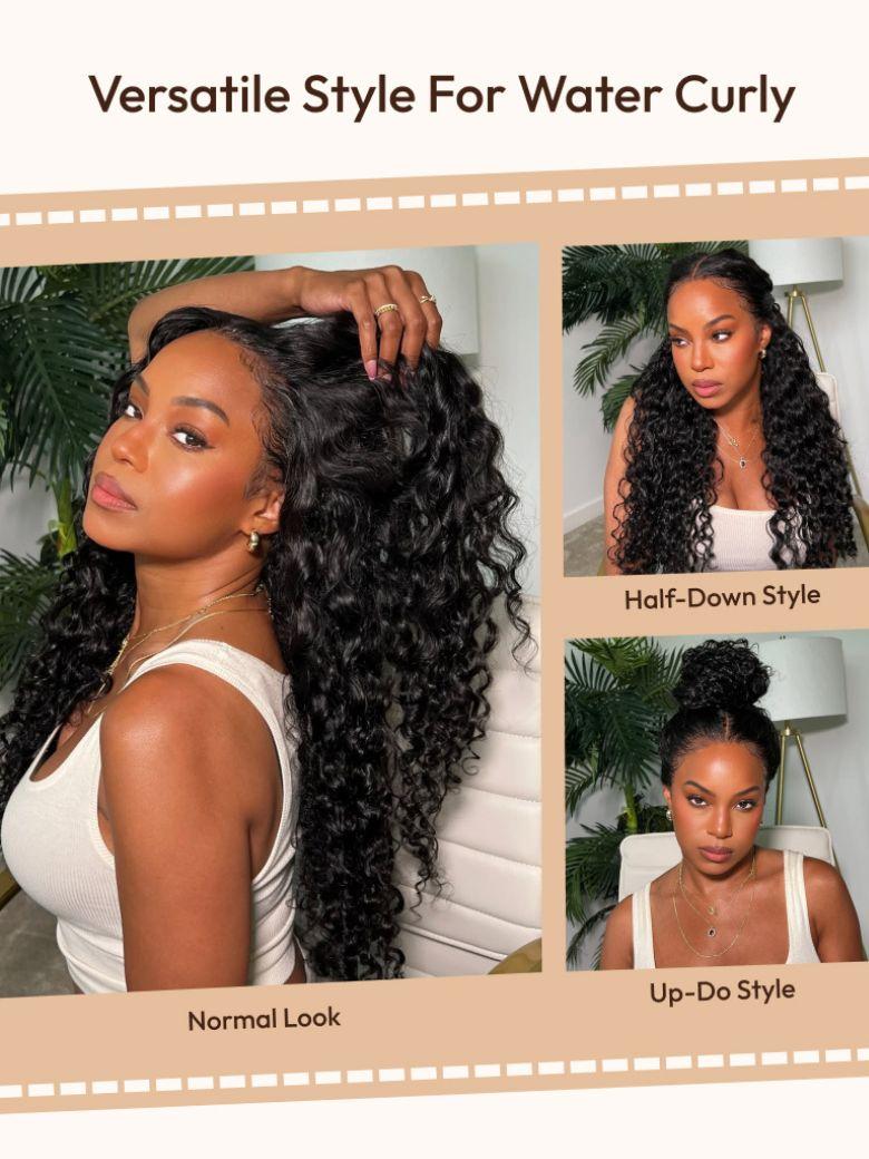 13x4 Pre-Everything? Lace Frontal Natural Black Bouncy Water Wave Curly Wig Perfect For Summer Look