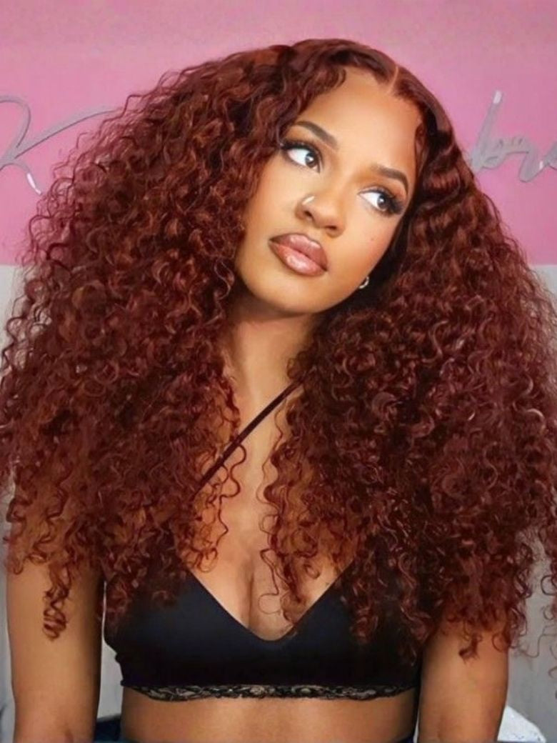 Bye Bye Knots Wig 7x5 Glueless Lace Reddish Brown Kinky Curly Bleached Knots Wig