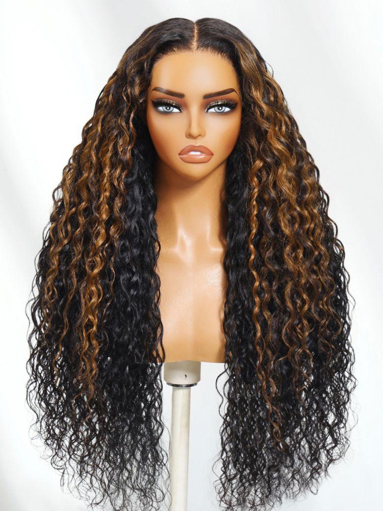 Bye-Bye Knots 7x5 Lace Water Wave Black Wig With Golden Brown Highlights