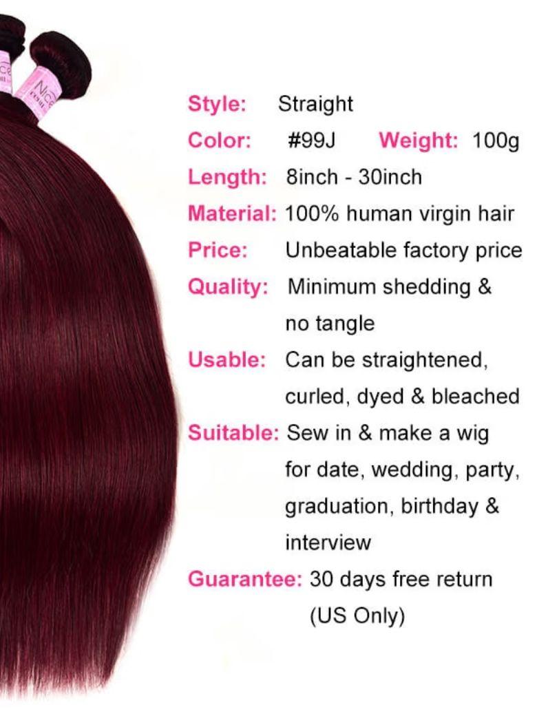 99j Straight Human Hair 3 Bundles 100g/Bundles Human Virgin Hair Red Wine Burgundy Color Hair Weave Icenu Series