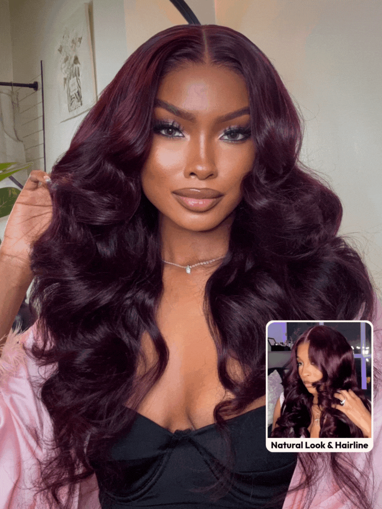 7x5 Bye-Bye Knots? & 13x4 Pre-Everything? Lace Frontal Purple Black Cherry Layered Straight & Loose Wave With Invisi Drawstring Wig