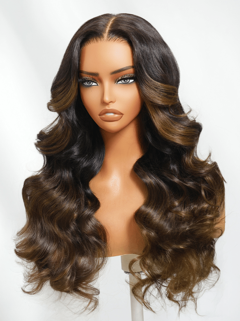 7x5 Bye Bye Knots Wig Glueless Lace Black to Chestnut Brown Ombre Loose Wave Wig With Bleached Knots 150% Density