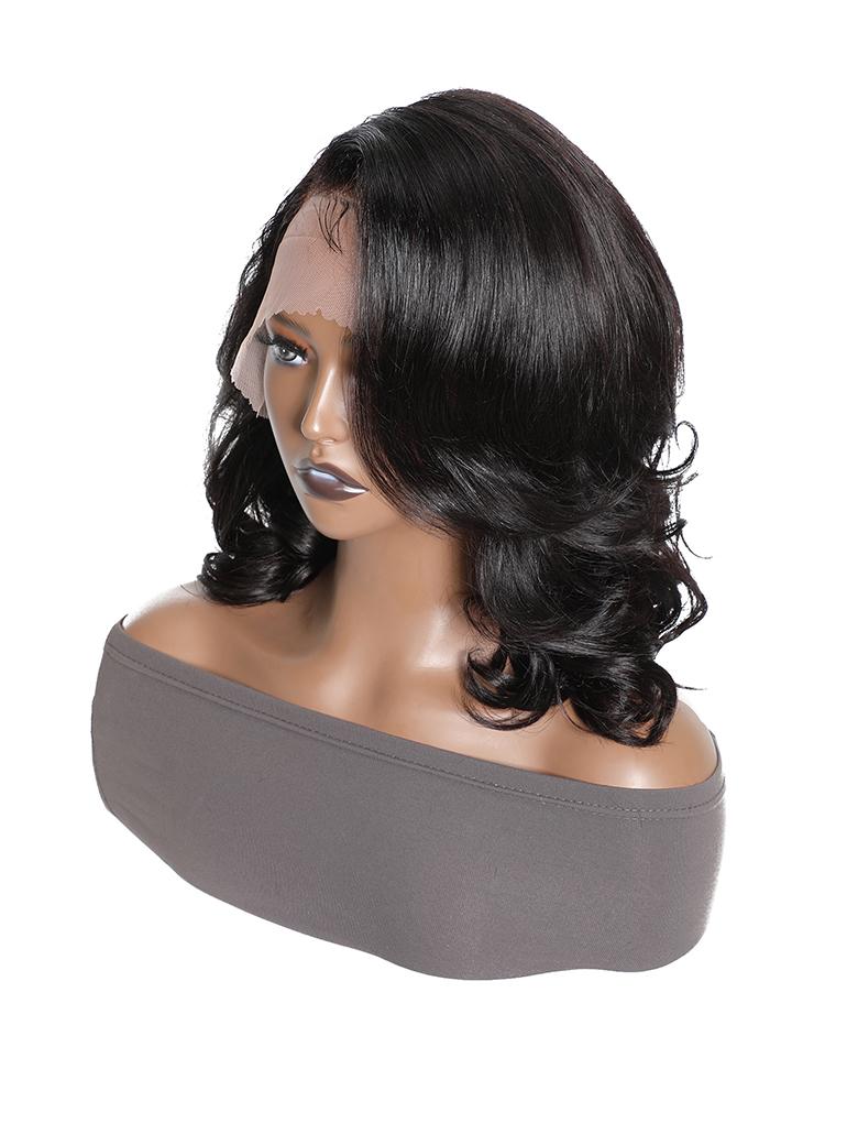 Feather Bangs Wave Bob Wig Human Hair Transparent Lace Front Wig