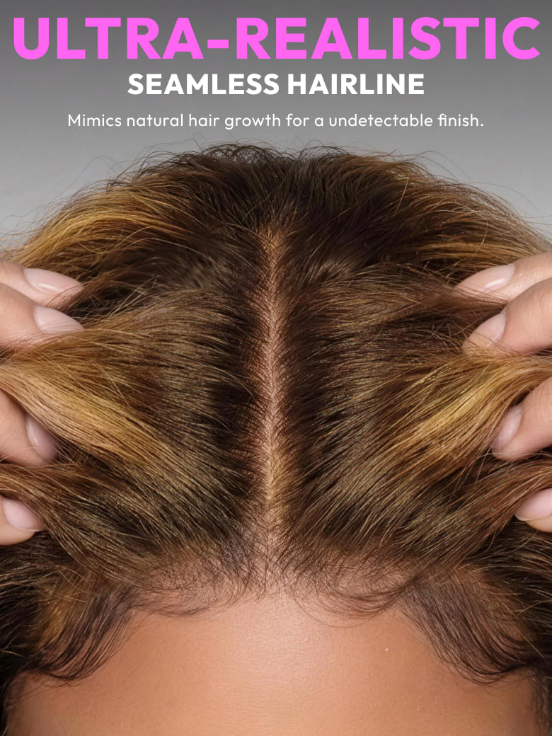 Extreme close-up of a 100% glueless bronde highlight wig hairline featuring a pre-plucked lace middle part and realistic baby hairs for a seamless blend.