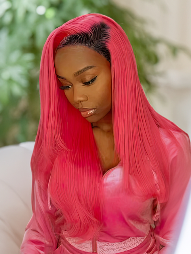 Rose Red Ombre 13x4 Lace Front Straight Wig With Dark Roots
