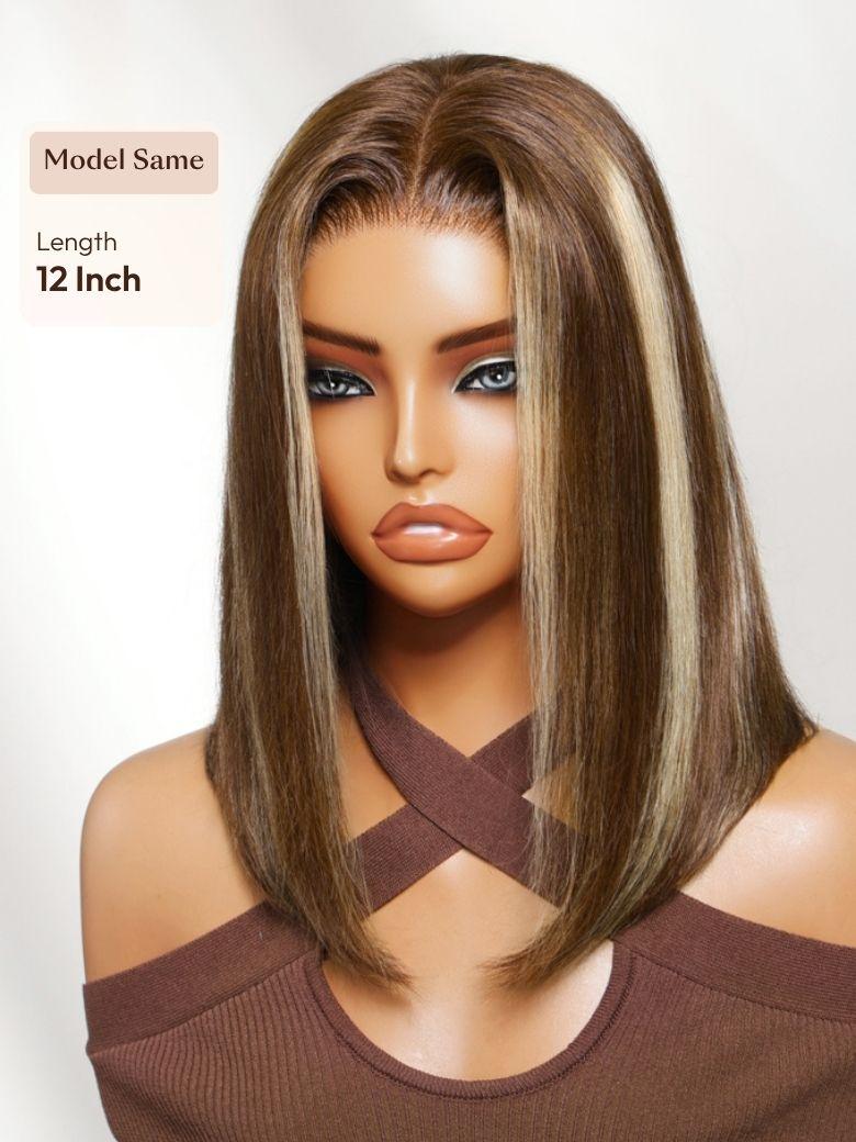 7x5 Bye Bye Slip? Lace Chocolate Brown with Caramel Blonde Highlights Body Wave Wig with Side Part Bangs