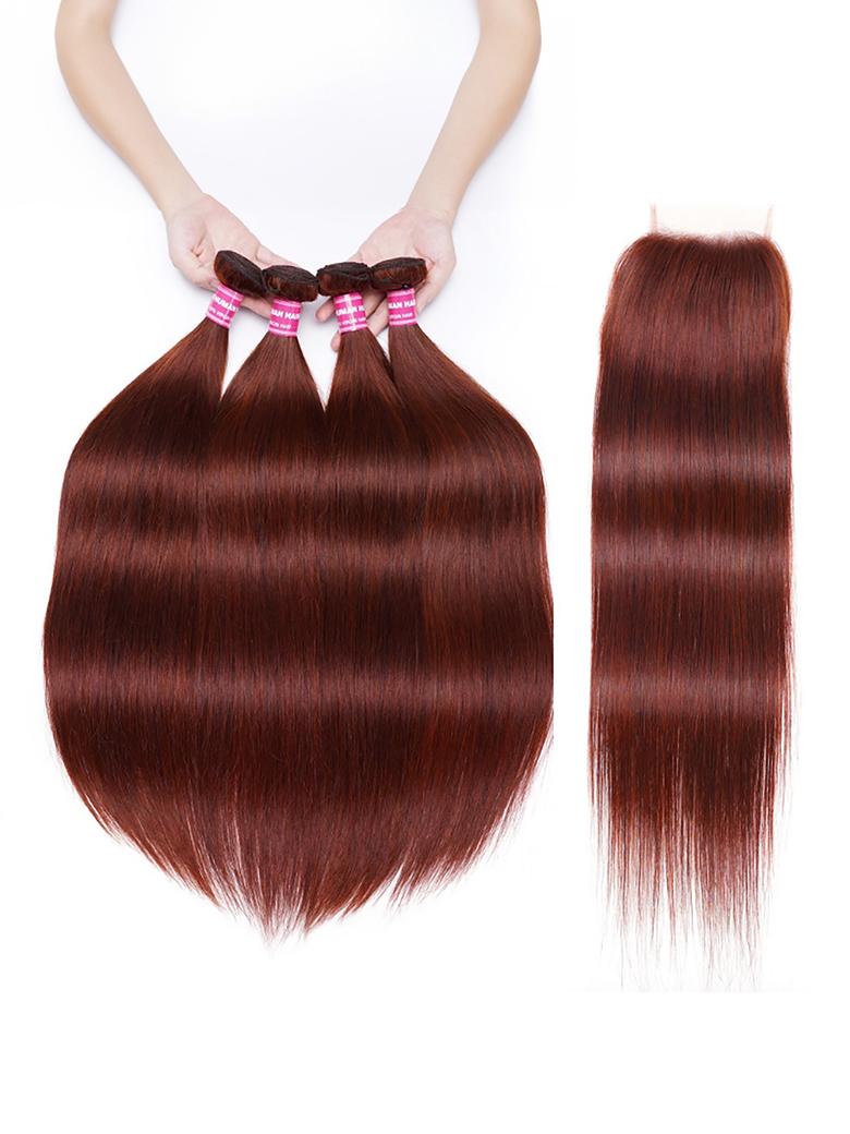 Dark Auburn Straight Remy Human Hair 4 Bundles With Closure Deal