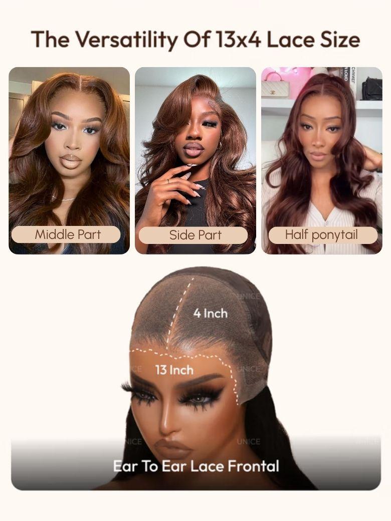 13x4 Pre-Everything? Lace Frontal Auburn Brown Loose Wave& Water Wave Wig with Invisi Drawstring & Face Framing Layers 150% Density
