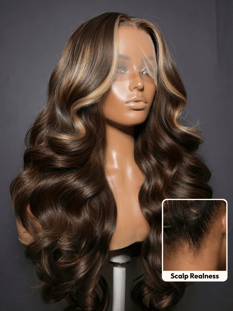 HD Real Scalp? Wig & Feathered Layers Drawstring Wig 13x4 Invisible Lace Frontal Loose Wave with Face Framing Curtain Bangs