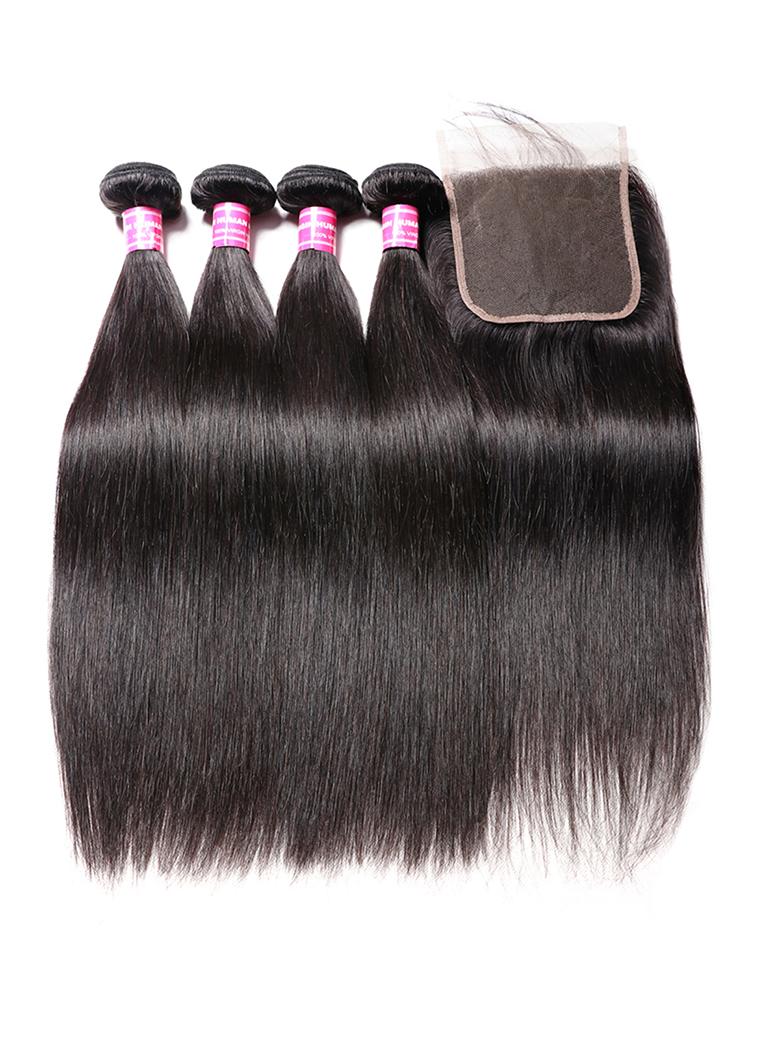 Hair Icenu Series 4pcs Brazilian Straight Virgin Hair With Lace Closure