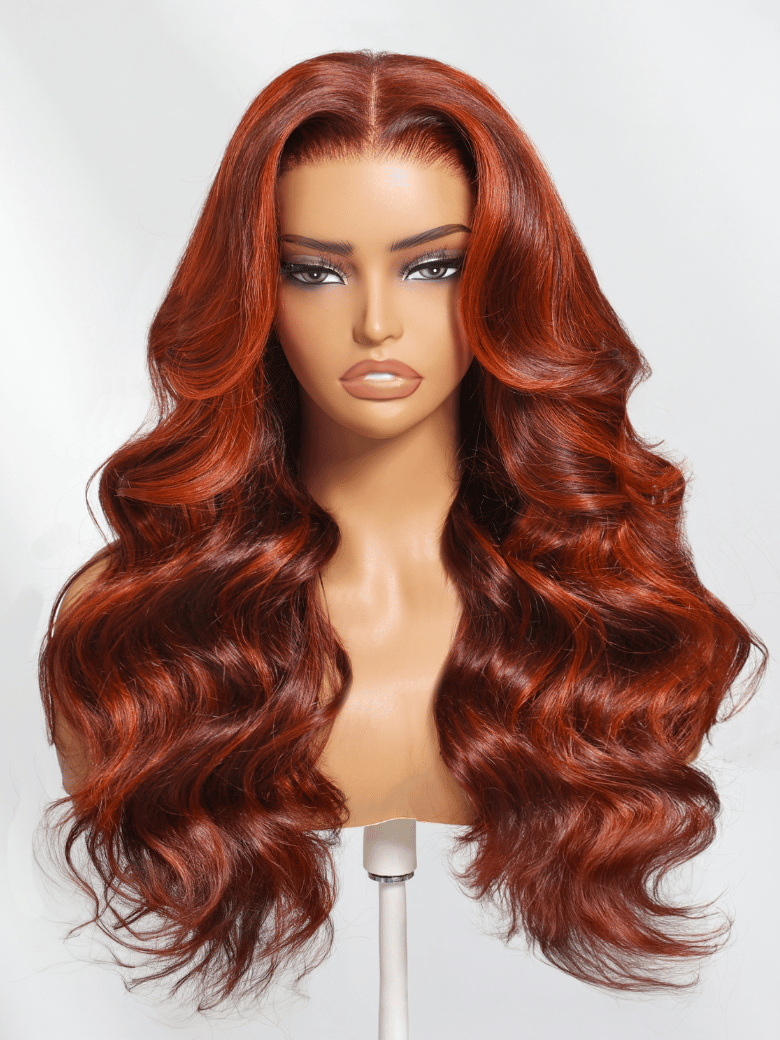 ByeBye Knots 7x5 Lace Loose Wave Red Orange Highlights Wig with Face Framing Layers 150% Density