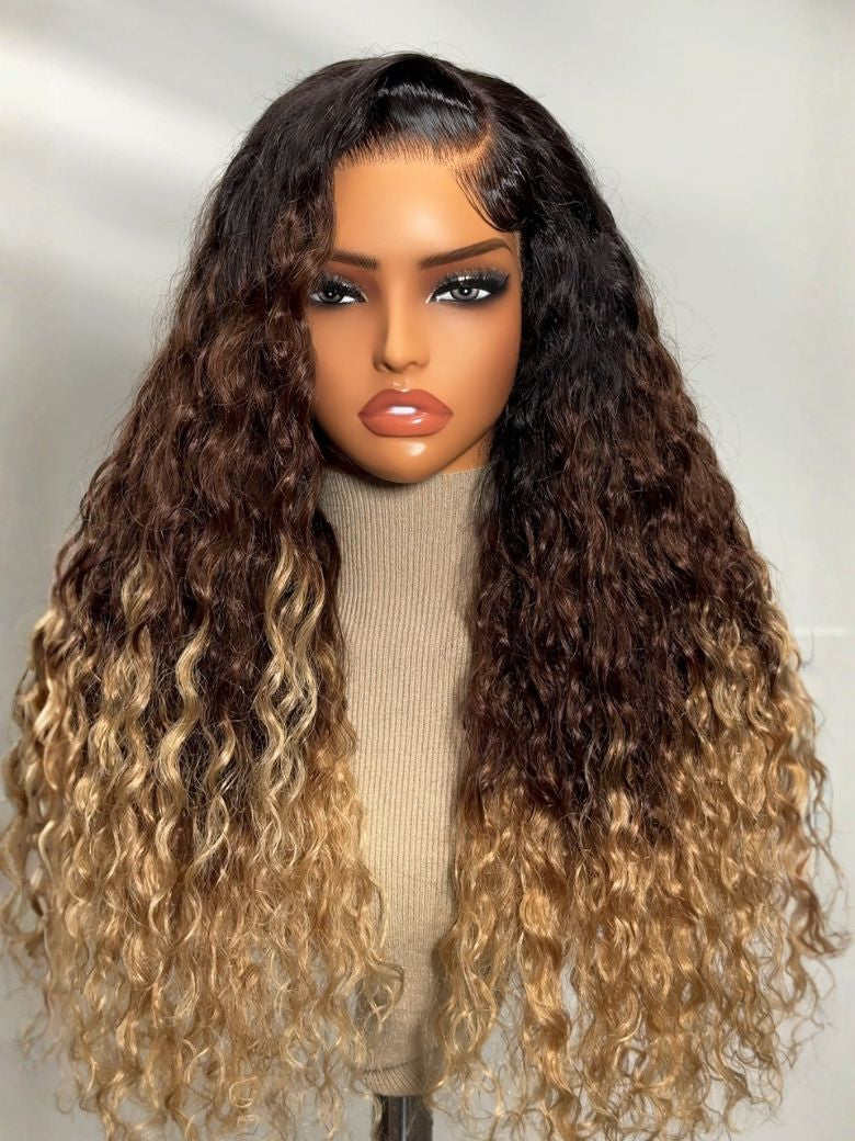Bye-Bye Knots? 7x5 Lace Black to Brown to Blonde Ombre Water Wave Wig with Invisi Drawstring