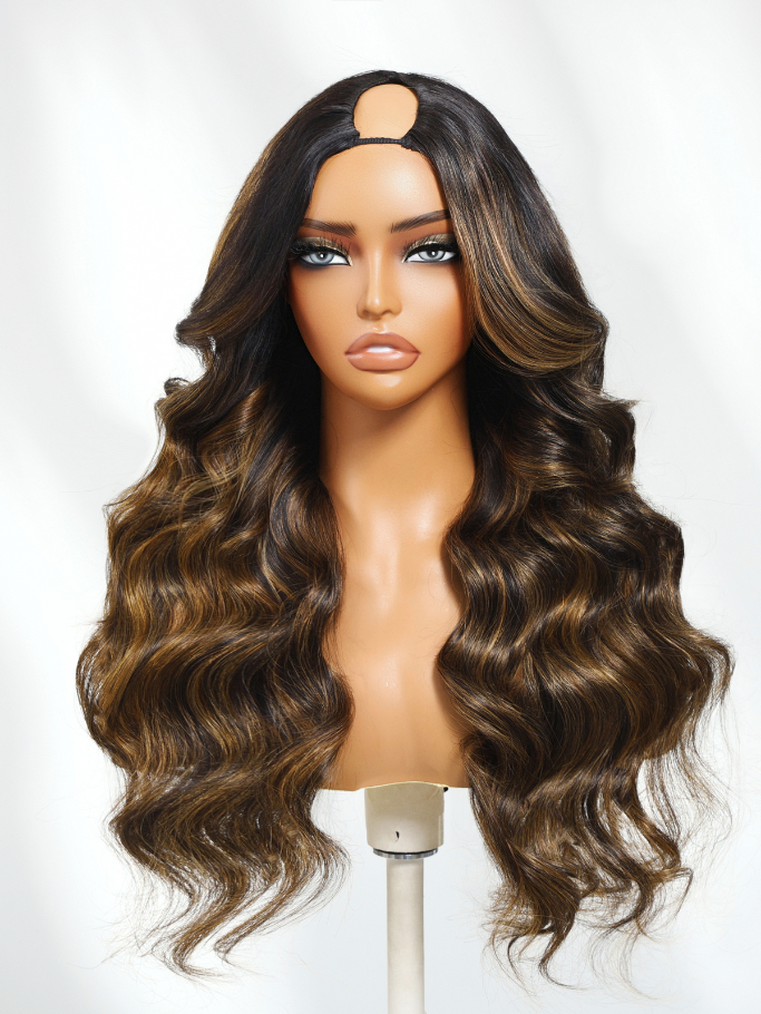 Brown Hair With Highlights Body Wave Wig With Face Framing Layers Beginner Friendly V Part 150% Density