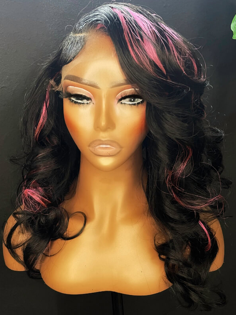 13x4 Lace Front Side Swept Deep Wave Black Wig With Pink Highlights