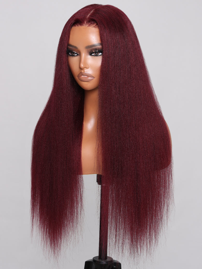 Bye Bye Knots Wig 7x5 Glueless Lace Burgundy Yaki Wig With Bleached Knots